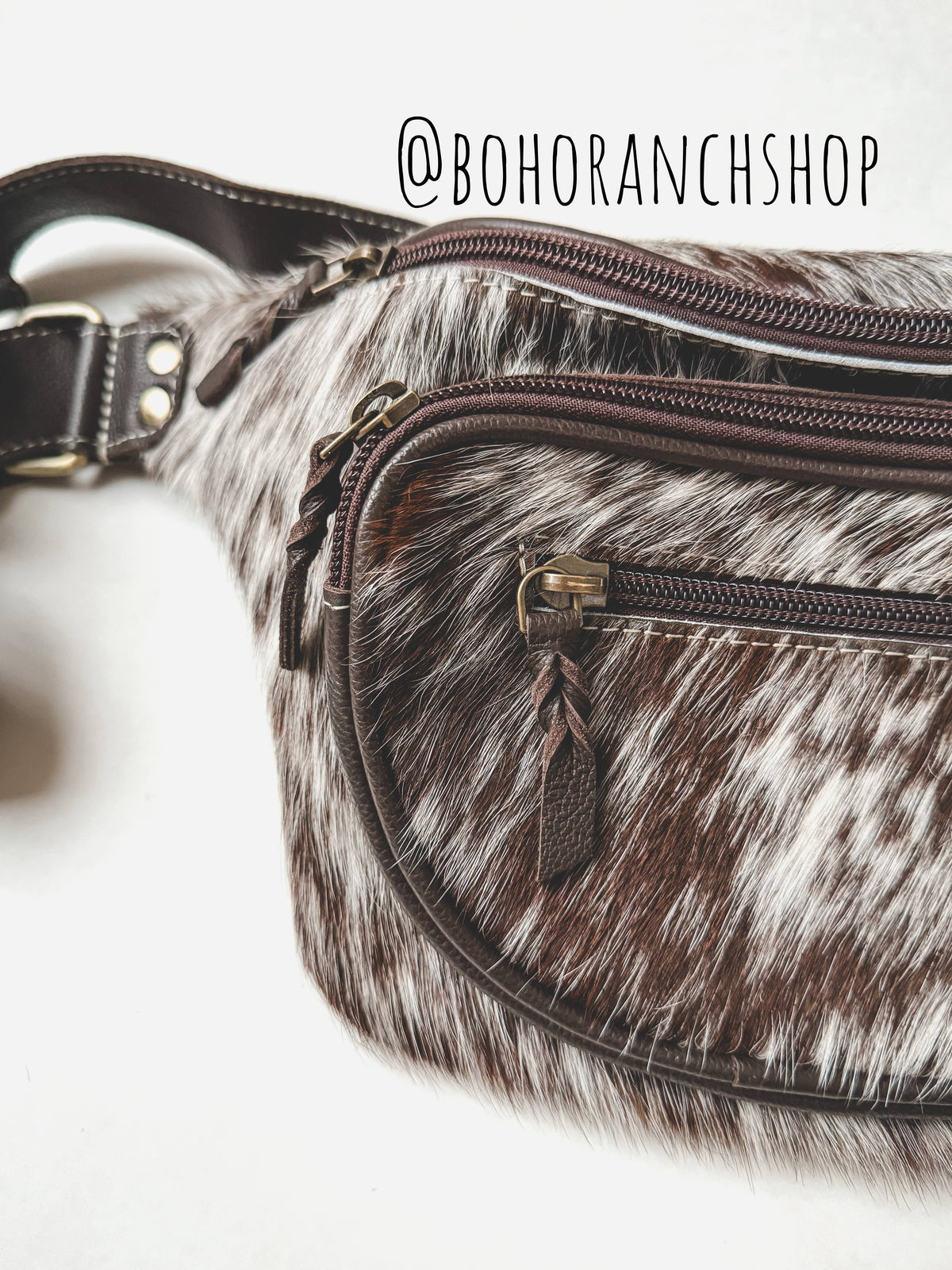 Western Hairon Cowhide Fanny Pack - bum bag sling bag: Tan + White Cowhide