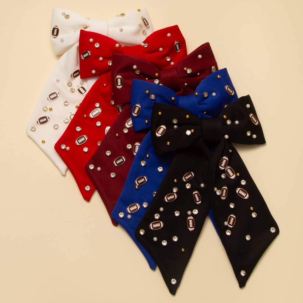 Football Charm Crystal Pearl Embellished Bow Barrette : White