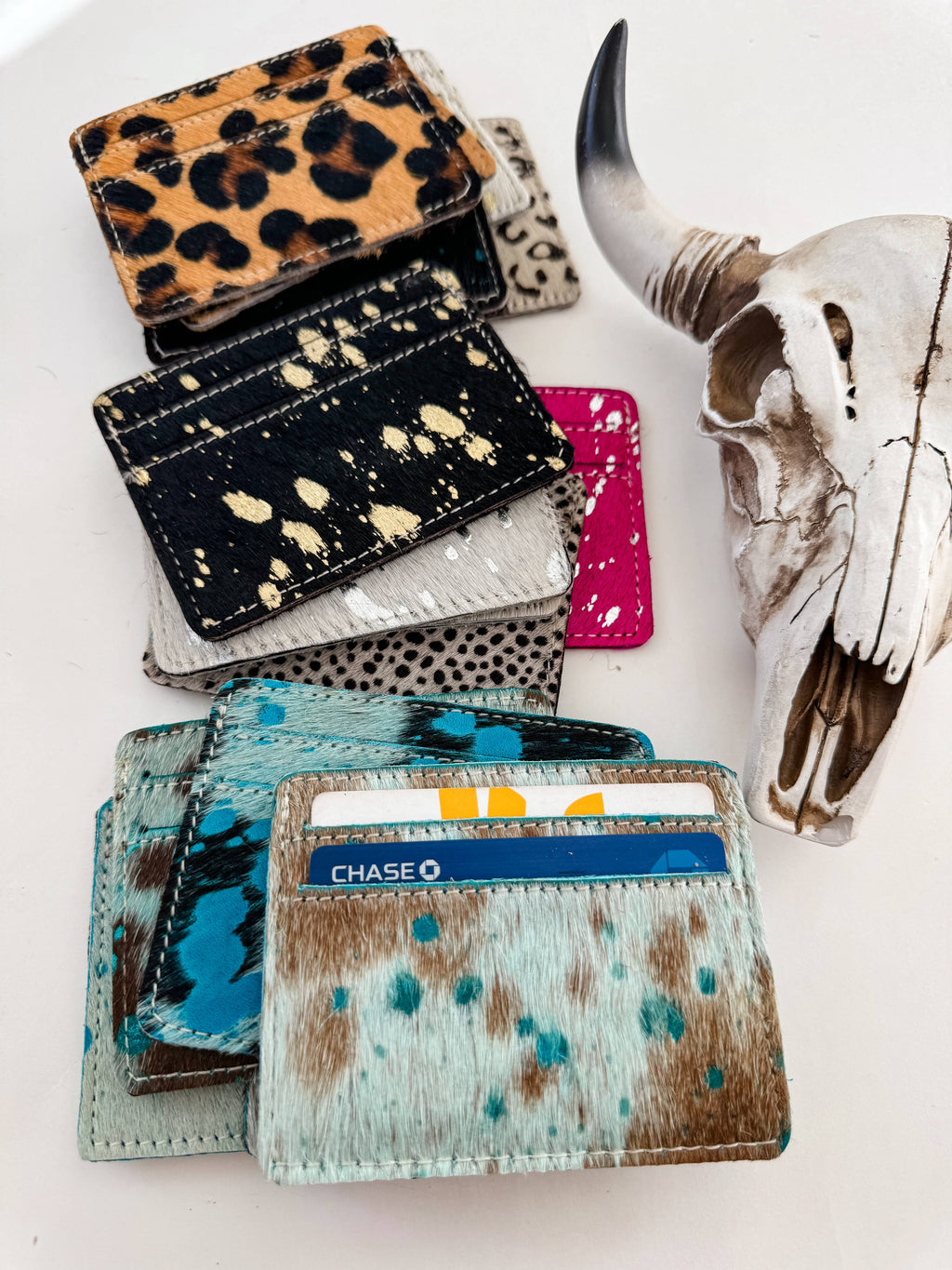 Western Cowhide Credit Card Holder - Money holder: TAN + WHITE COWHIDE