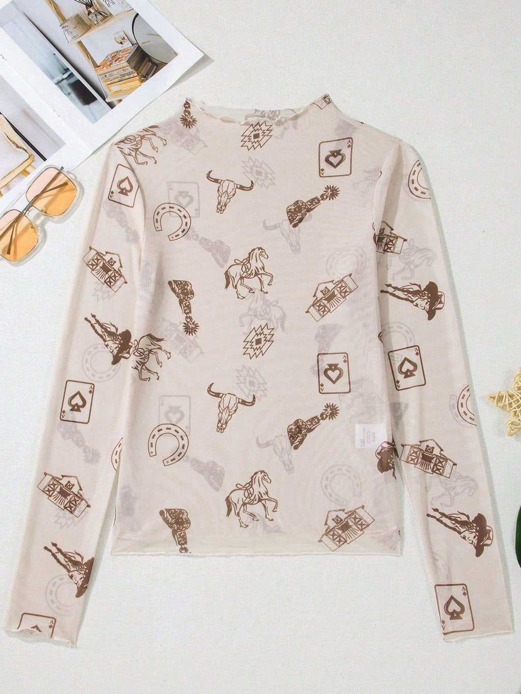 Printed Mesh Long Sleeve Slim Fit Top: Hot Pink / Missy / S