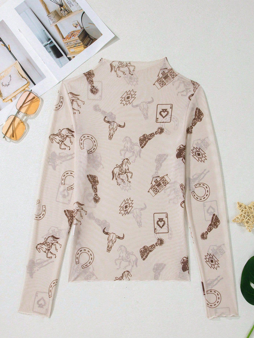 Printed Mesh Long Sleeve Slim Fit Top: Hot Pink / Missy / S