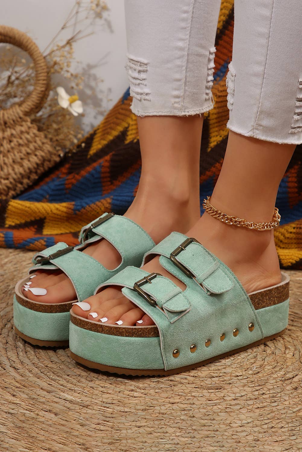 66 Suede Buckle Decor Footbed Sandal Slippers: Light Blue / 8(39)