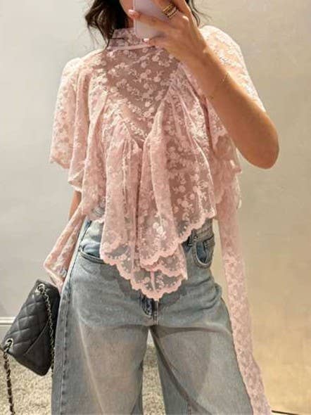 Boho Scarf Neck Lightweight Sheer Lace Floral Poncho Top: Beige / S