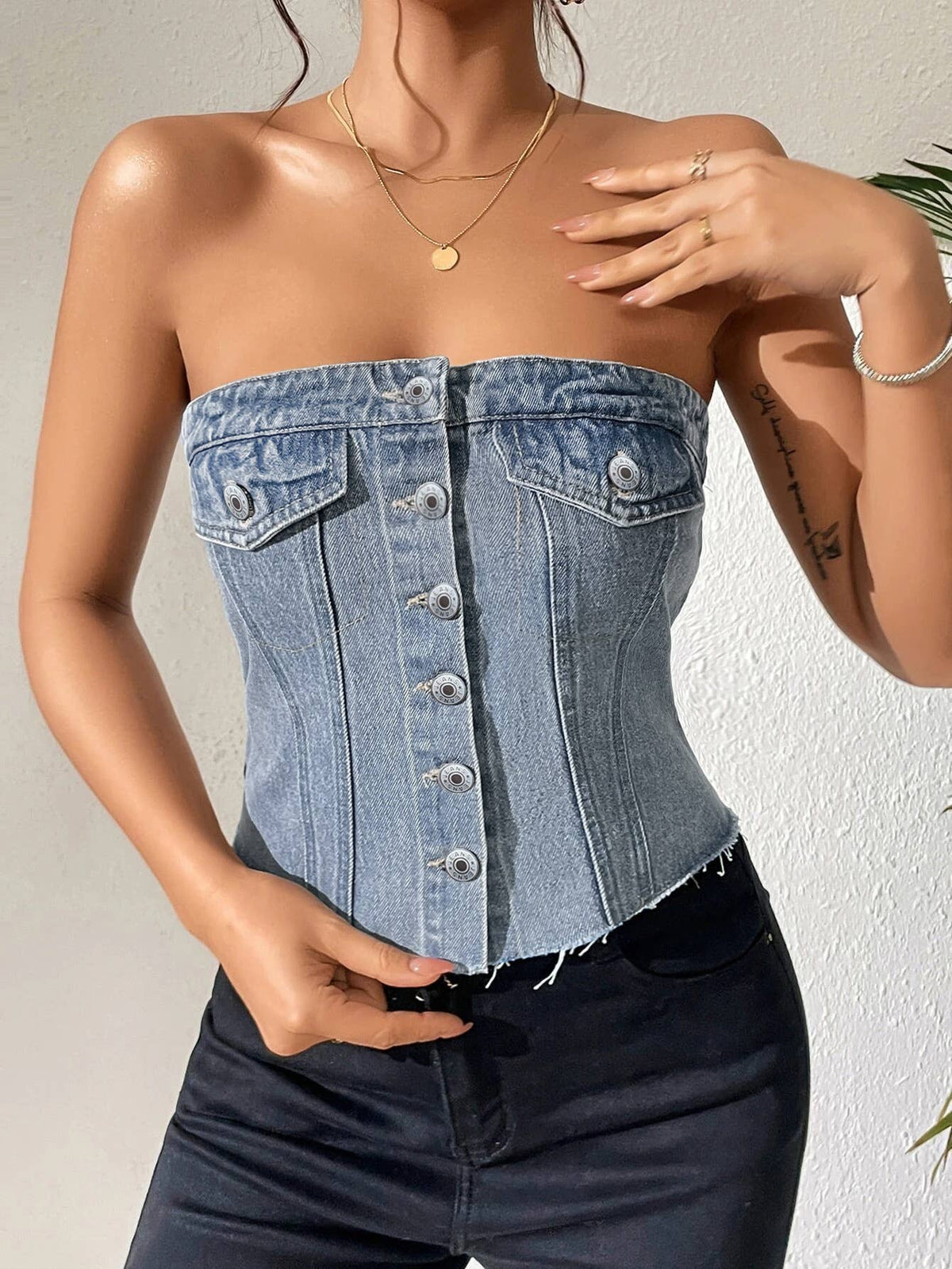Fitted Denim Bustier Top with Frayed Hem & Buttons: LightBlue / S