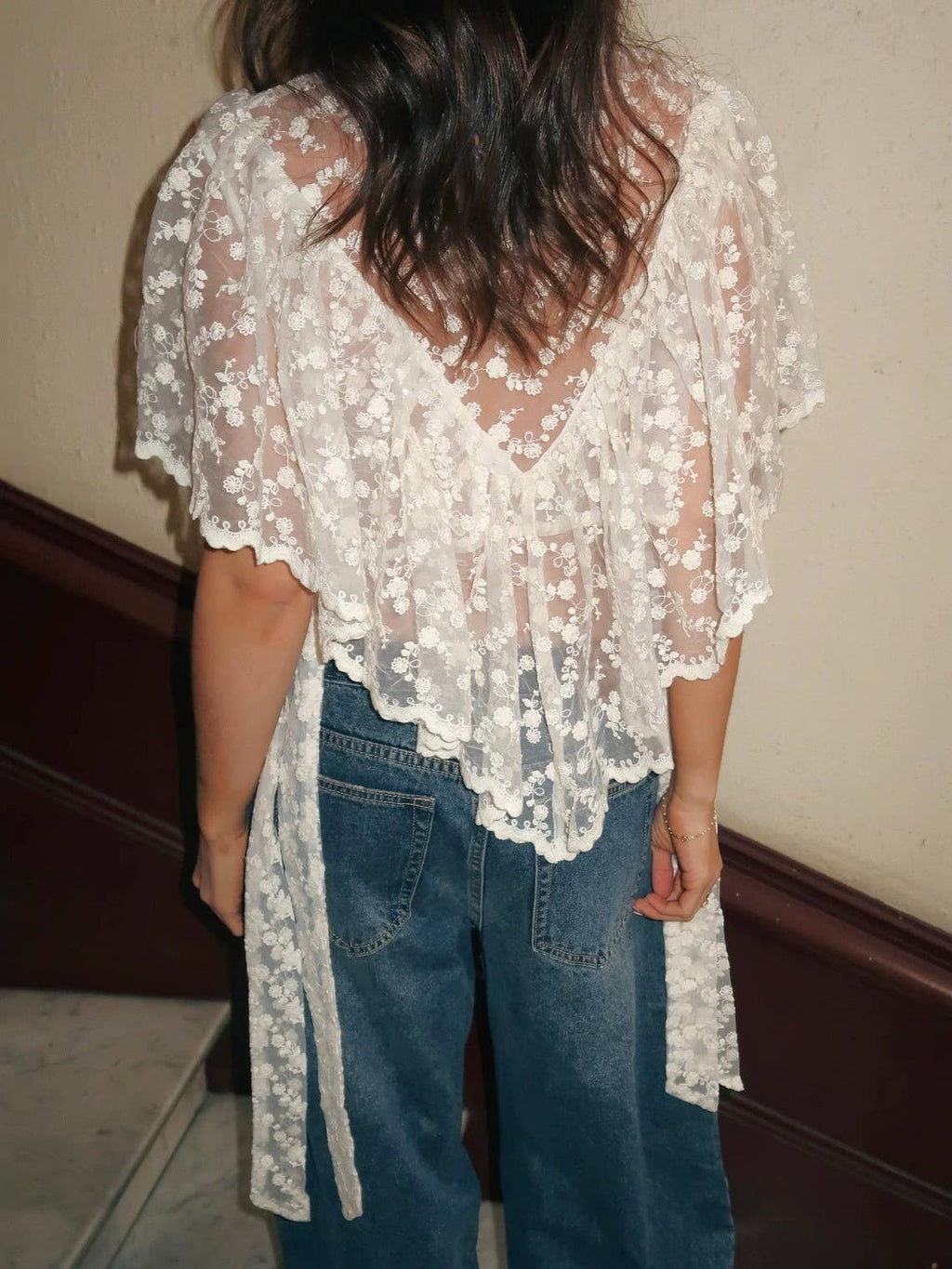 Boho Scarf Neck Lightweight Sheer Lace Floral Poncho Top: Beige / S
