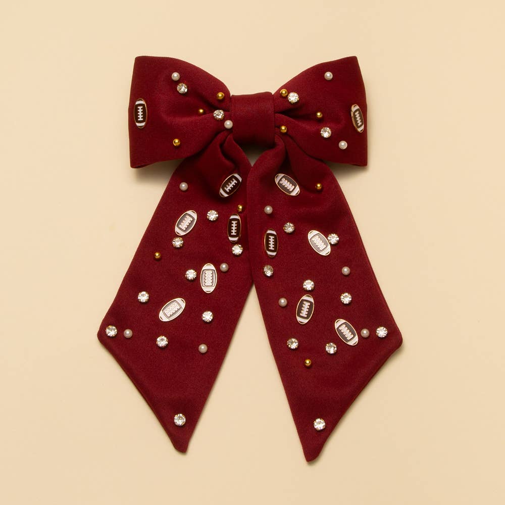 Football Charm Crystal Pearl Embellished Bow Barrette : White