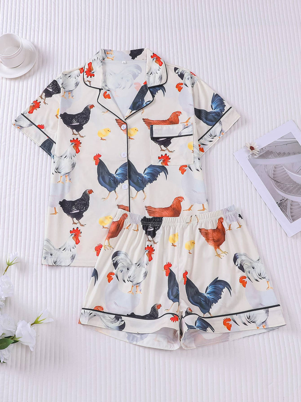 Western Cute Chick Floral Print Short Pajama Set: Color_2 / L