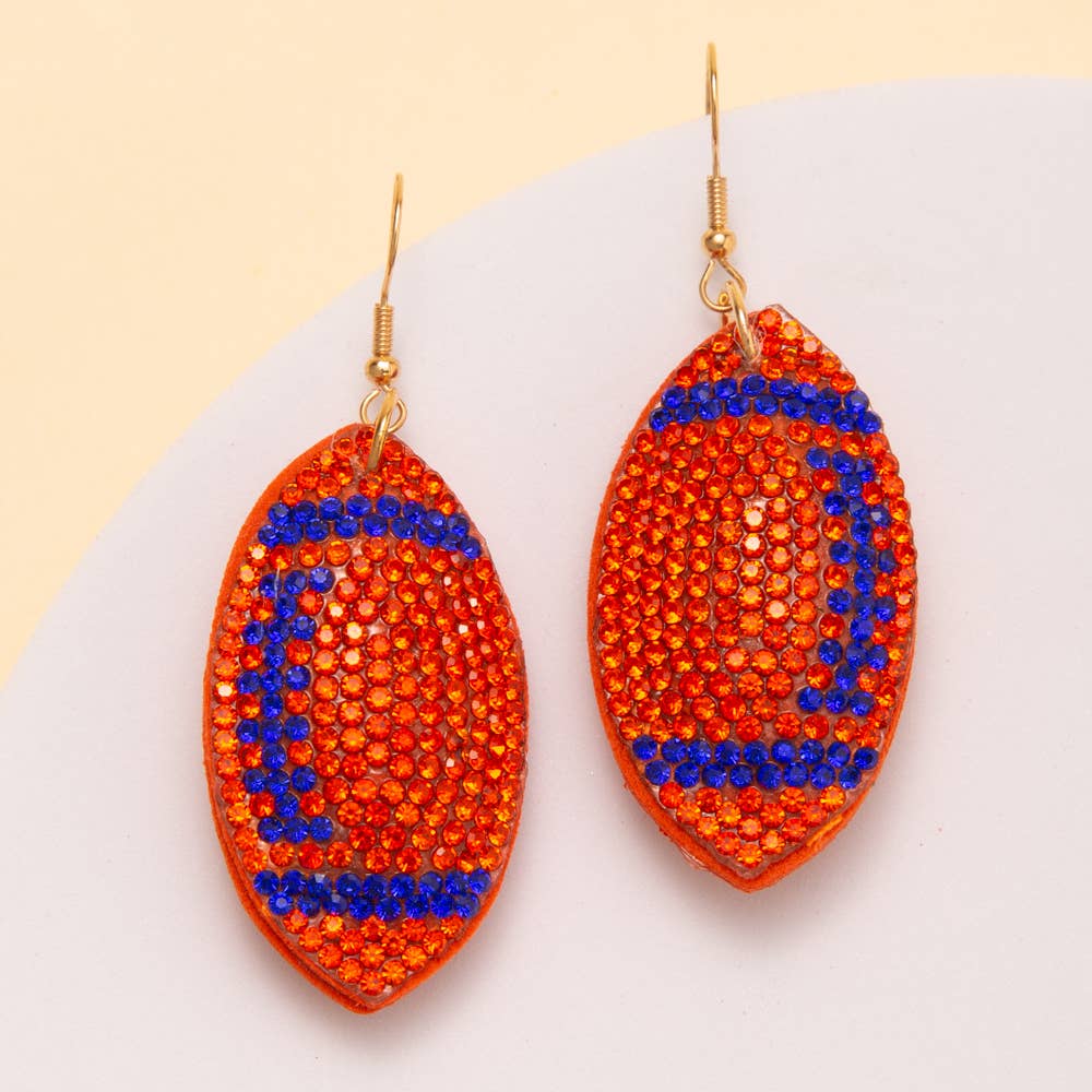 Two-Tone Rhinestone Pave Football Dangle Earrings: Blue