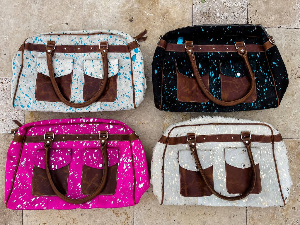 Weekender Duffle Leather Hair On Cowhide Duffel Travel Bag: Tan + White Cowhide