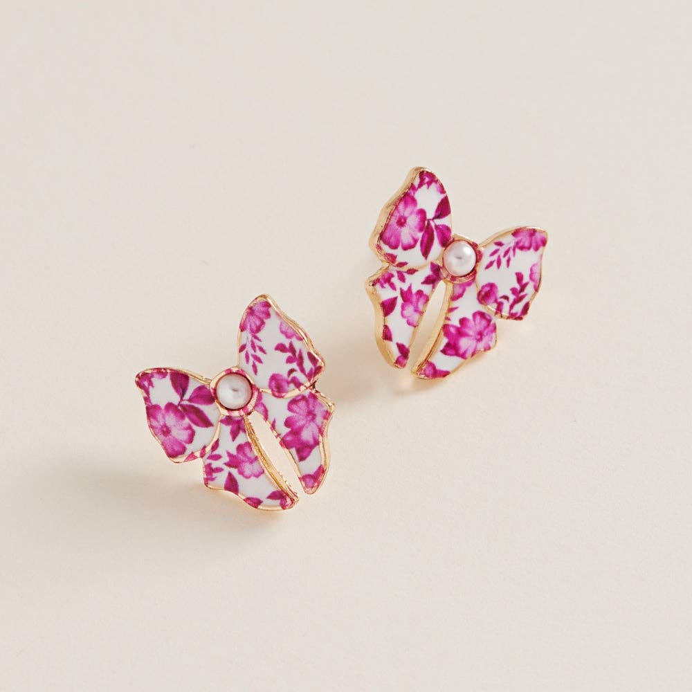 Ceramic Bow Enamel Casting Flower Pattern Earrings: Blue / ONE