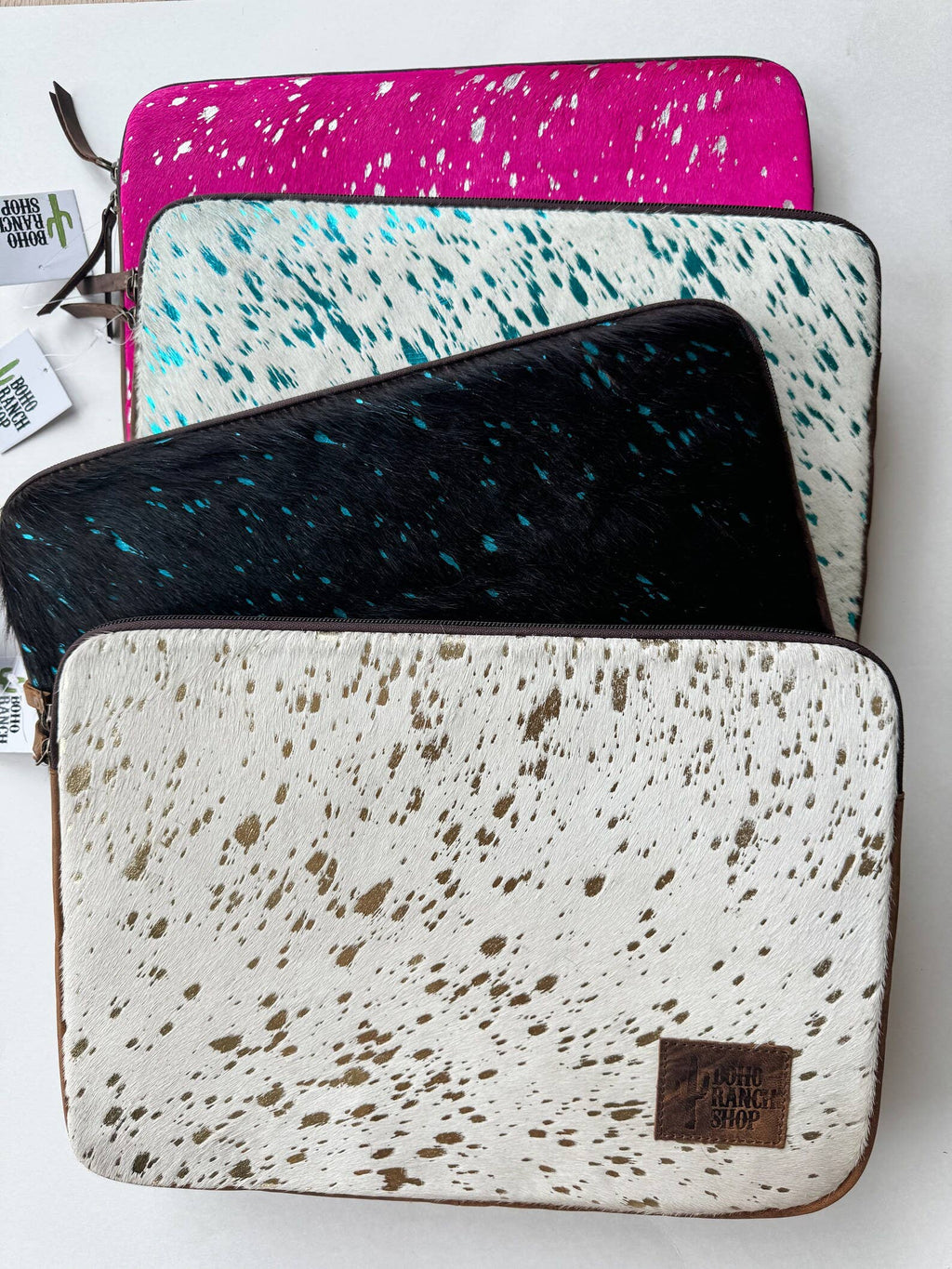 Cowhide Laptop Computer Tech Sleeve Pouch - Leather Back: PINK + SILVER SPECS - LARGE