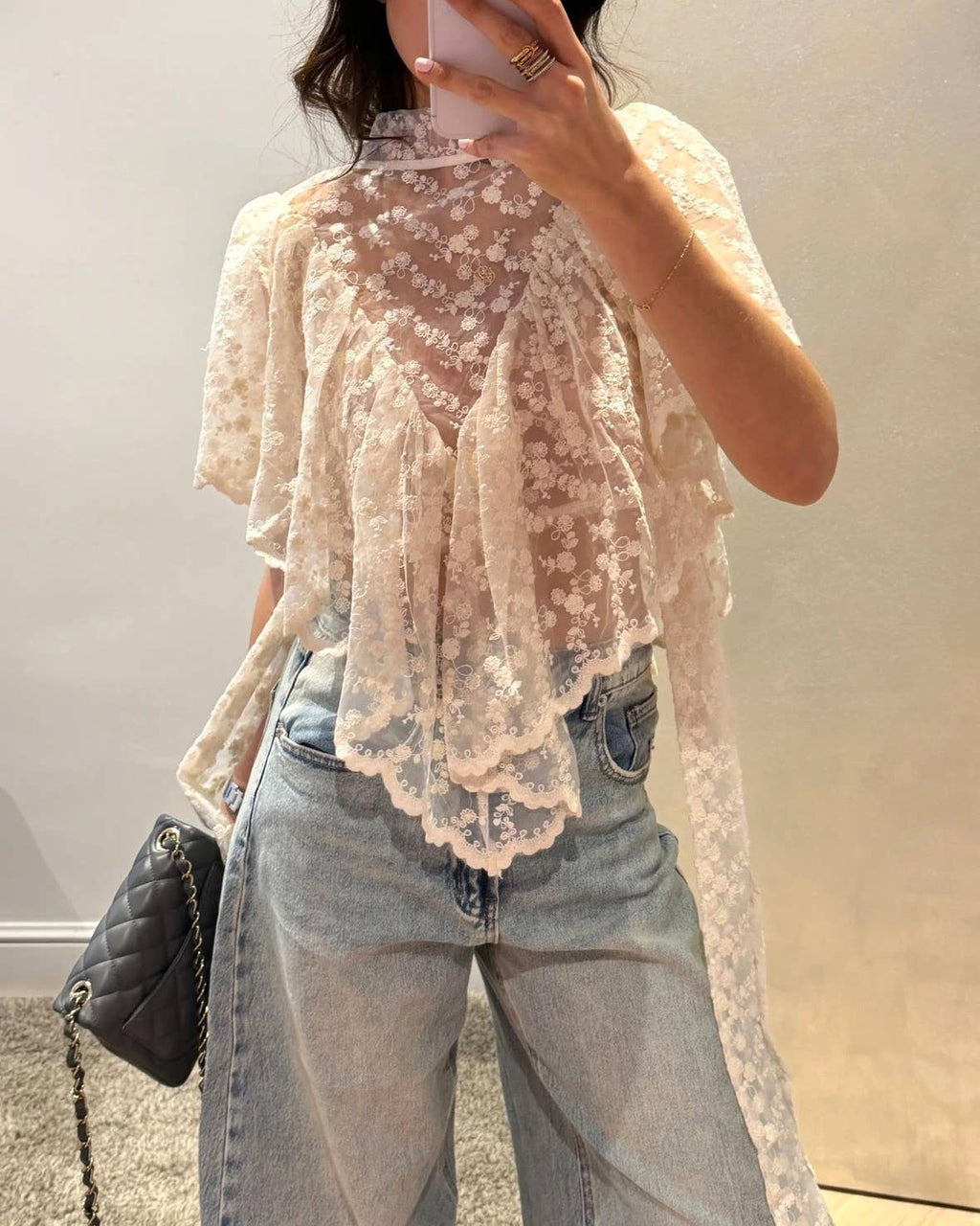 Boho Scarf Neck Lightweight Sheer Lace Floral Poncho Top: Beige / S