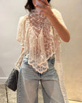Boho Scarf Neck Lightweight Sheer Lace Floral Poncho Top: Beige / S