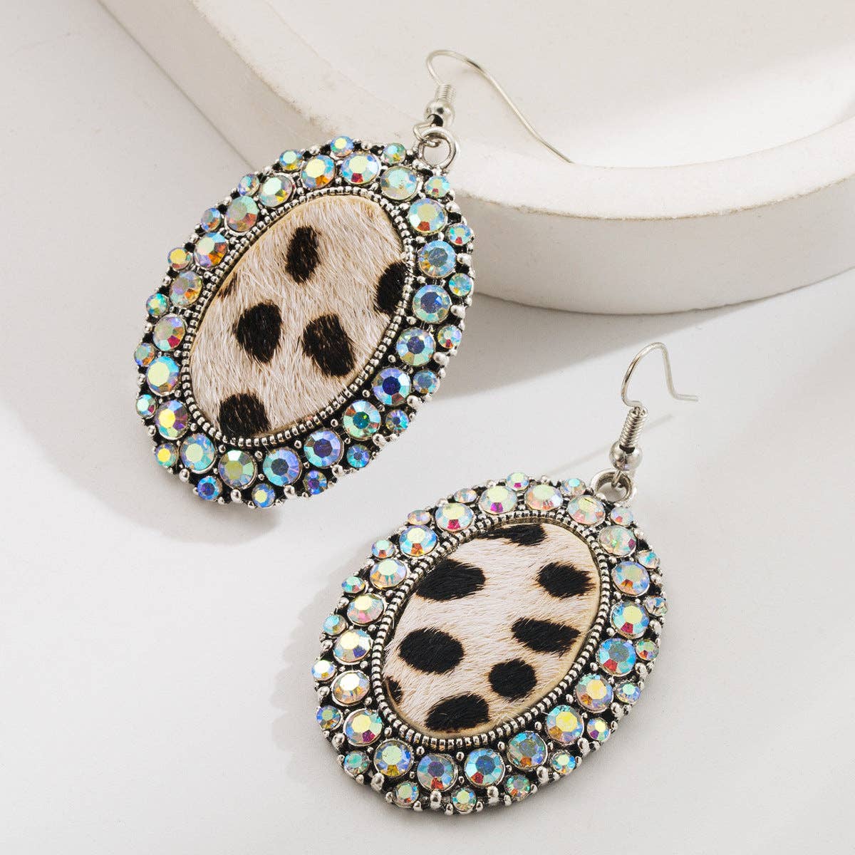 Ethnic Style White and Green Turquoise Earrings Vintage Statement Studs: Brown Leopard Print