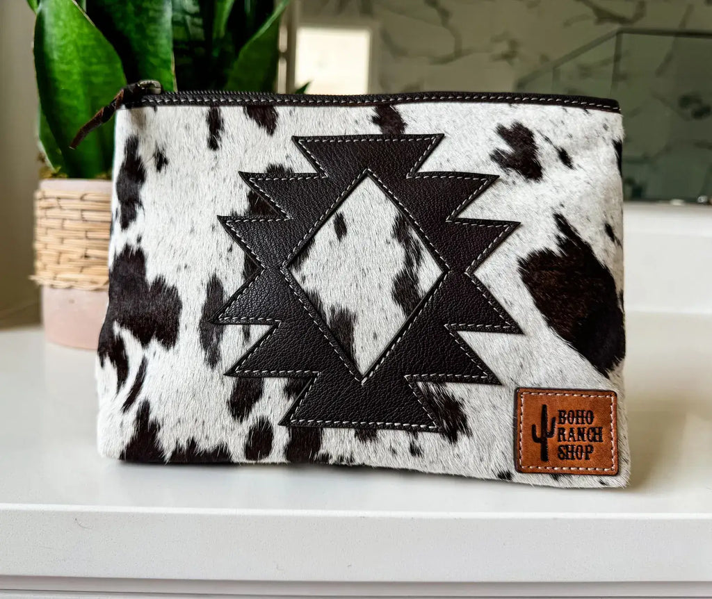 COWHIDE AZTEC  MAKEUP bag Genuine Hair On travel: Black Leather
