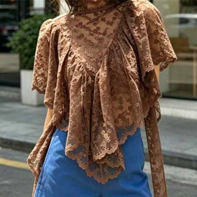 Boho Scarf Neck Lightweight Sheer Lace Floral Poncho Top: Beige / S