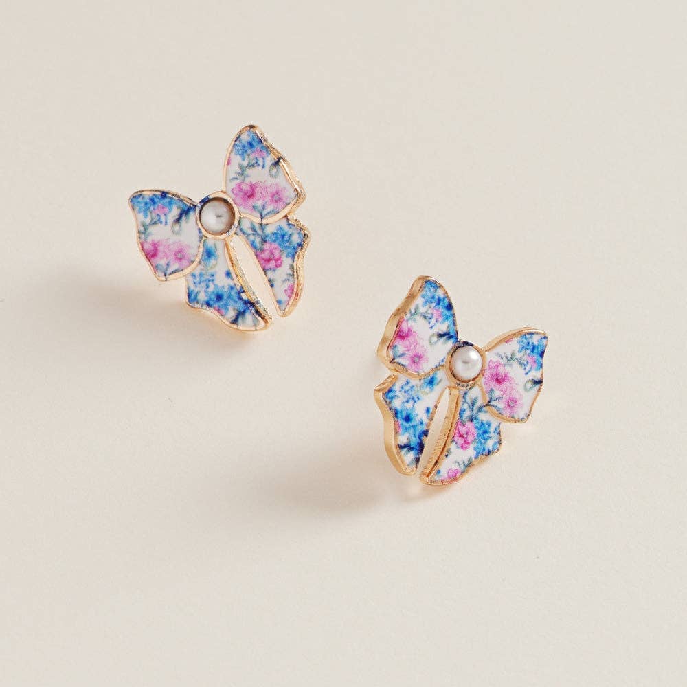 Ceramic Bow Enamel Casting Flower Pattern Earrings: Blue / ONE