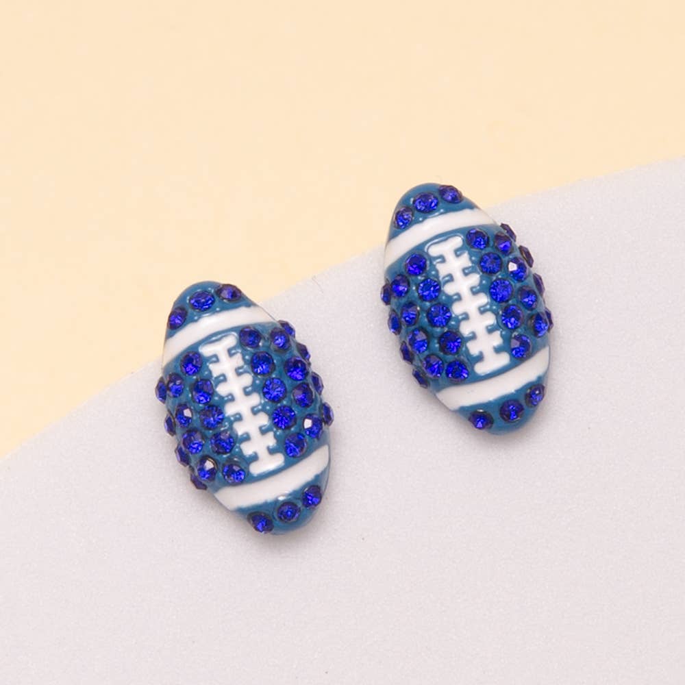Gameday Two-Tone Rhinestone Pave Football Stud Earrings: Blue