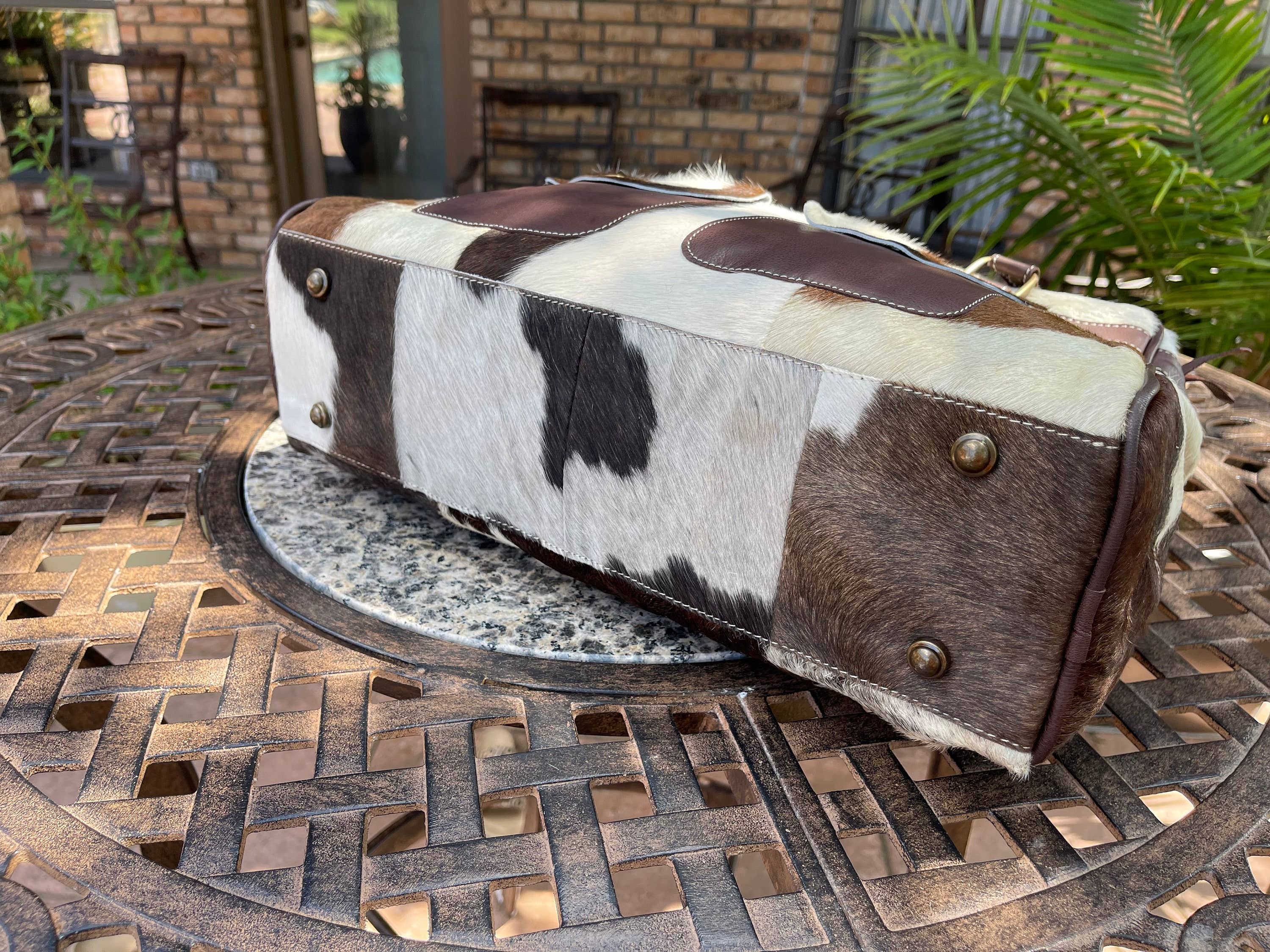 Weekender Duffle Leather Hair On Cowhide Duffel Travel Bag: Brown +White Cowhide
