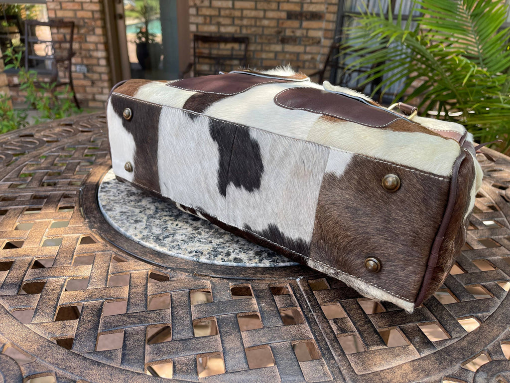 Weekender Duffle Leather Hair On Cowhide Duffel Travel Bag: Tan + White Cowhide