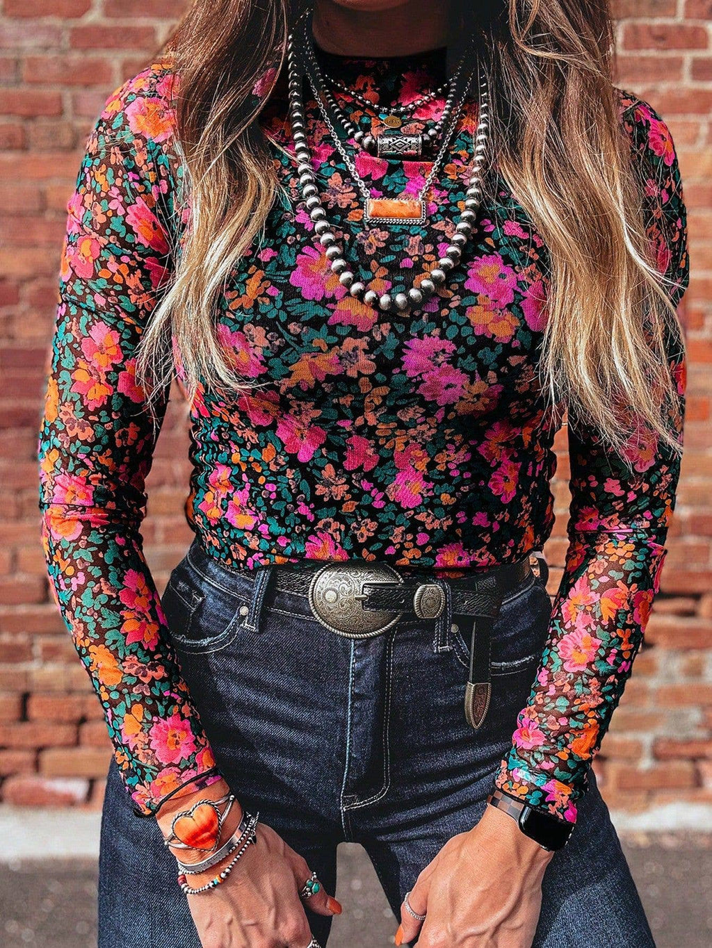 Printed Mesh Long Sleeve Slim Fit Top: Hot Pink / Missy / S