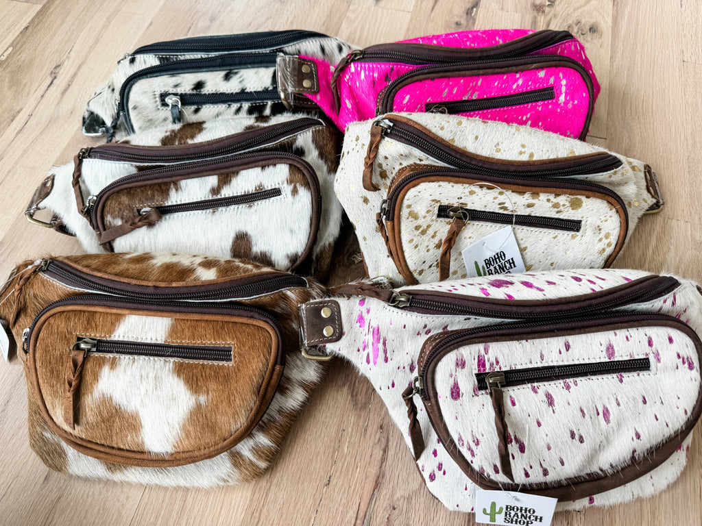 Western Hairon Cowhide Fanny Pack - bum bag sling bag: Tan + White Cowhide