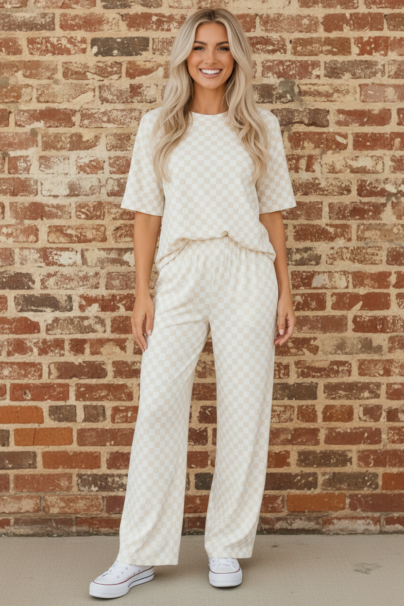 OMG! Checker Short Sleeve Tee and Pants Set: Black / Small etc