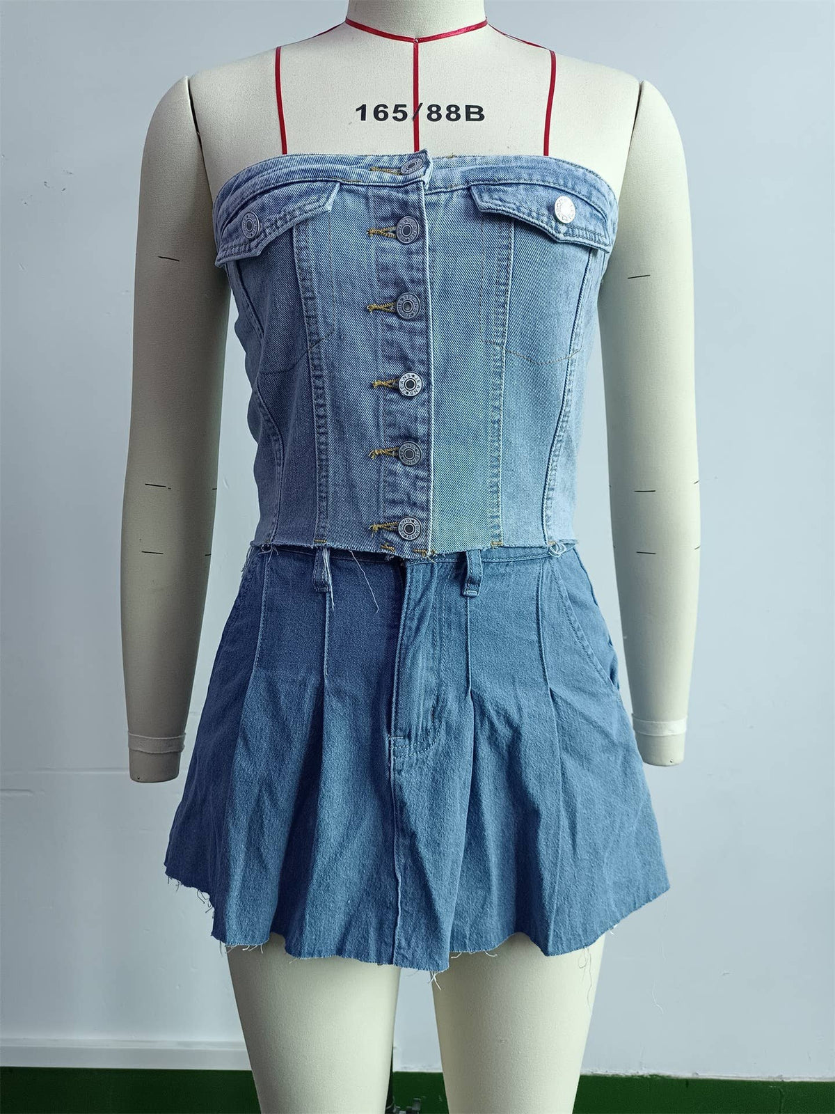Fitted Denim Bustier Top with Frayed Hem & Buttons: LightBlue / S