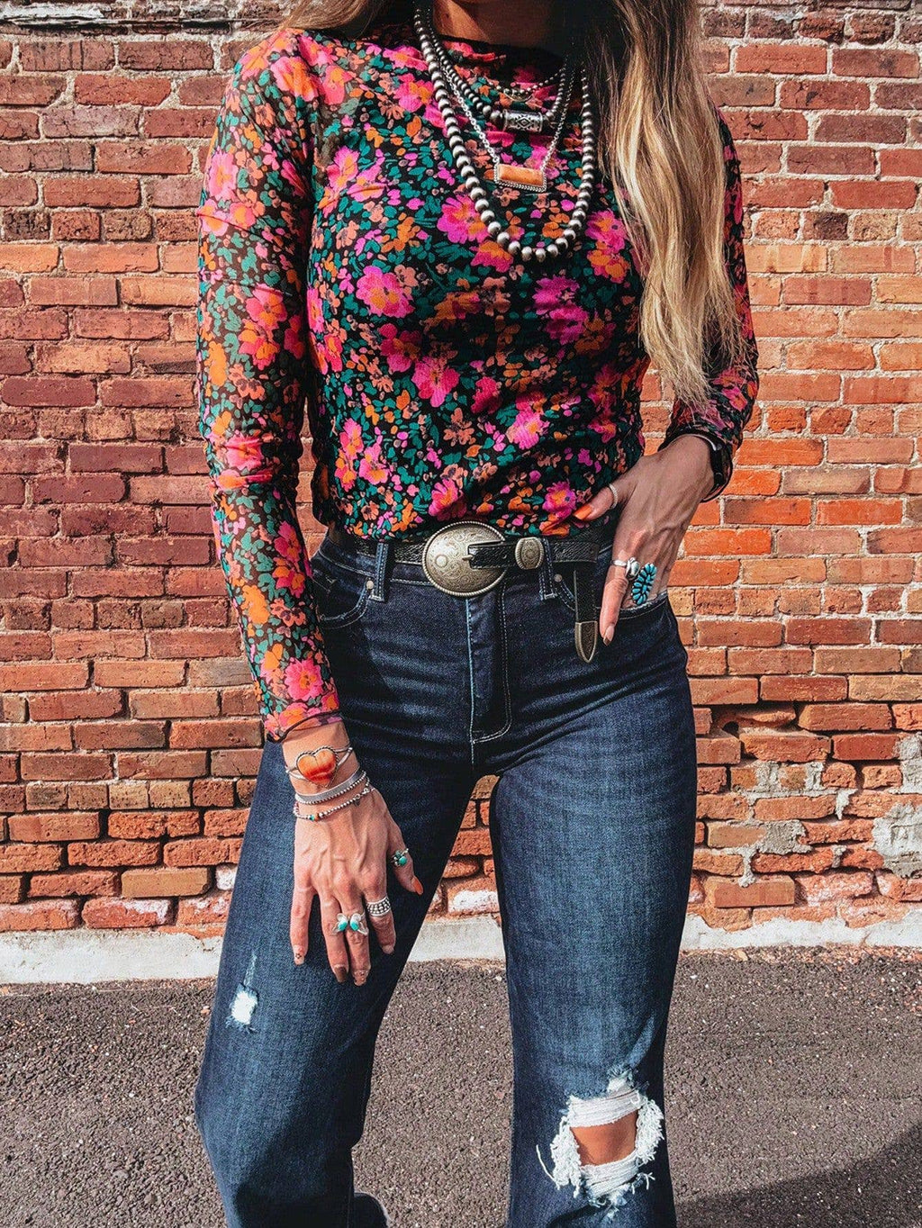 Printed Mesh Long Sleeve Slim Fit Top: Hot Pink / Missy / S