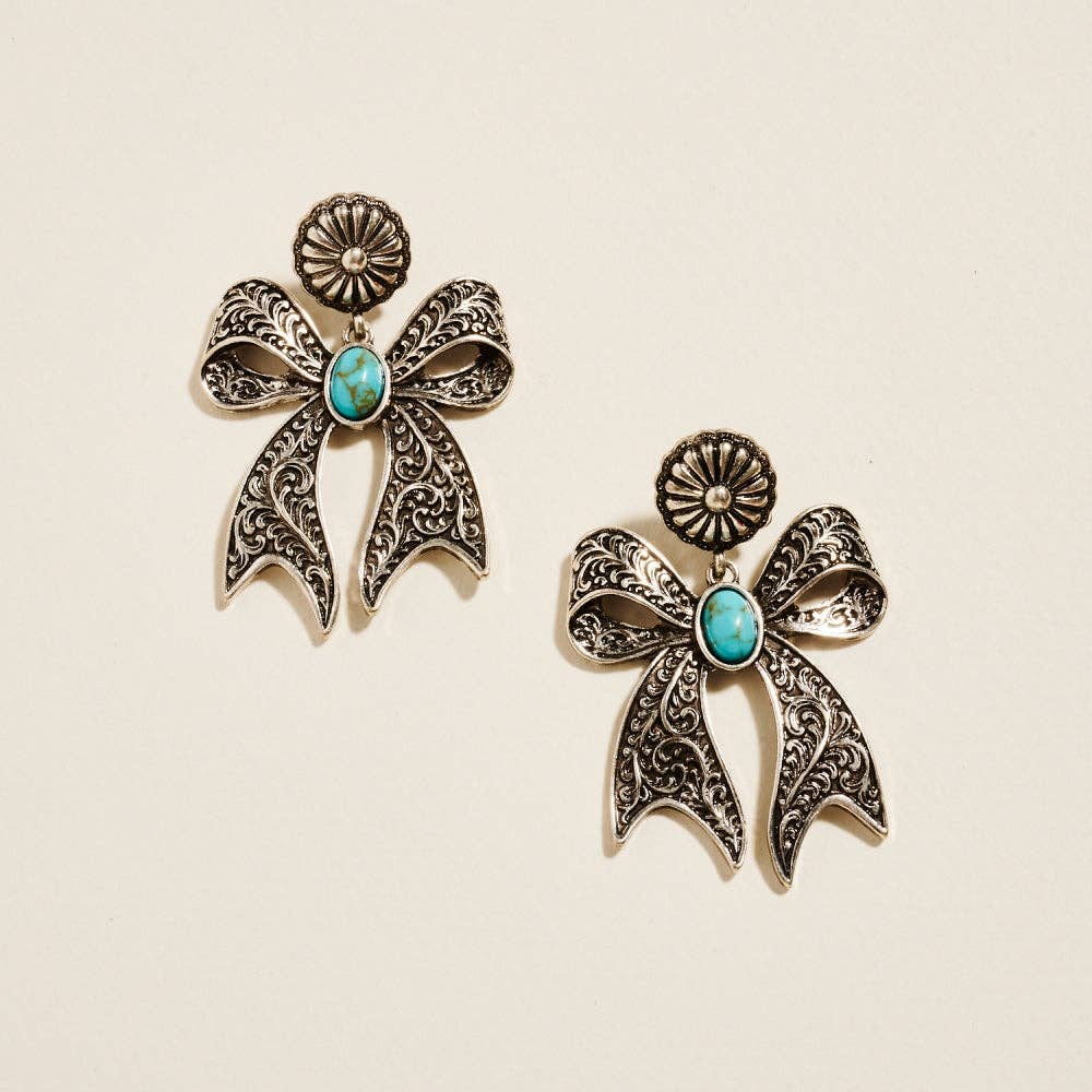 Vintage Semi Precious Boho Ribbon Bow Earrings: Burnished Silver / ONE