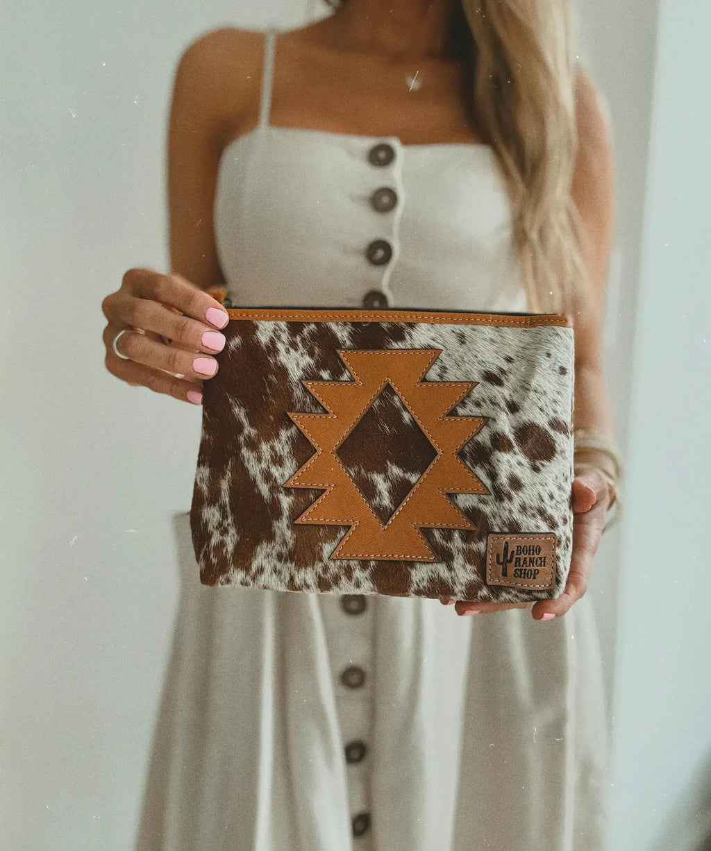COWHIDE AZTEC  MAKEUP bag Genuine Hair On travel: Tan Leather