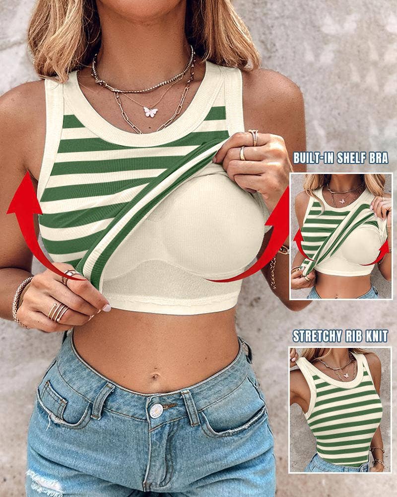 Basic ribbed cami striped tank top built-in bra: Green / L