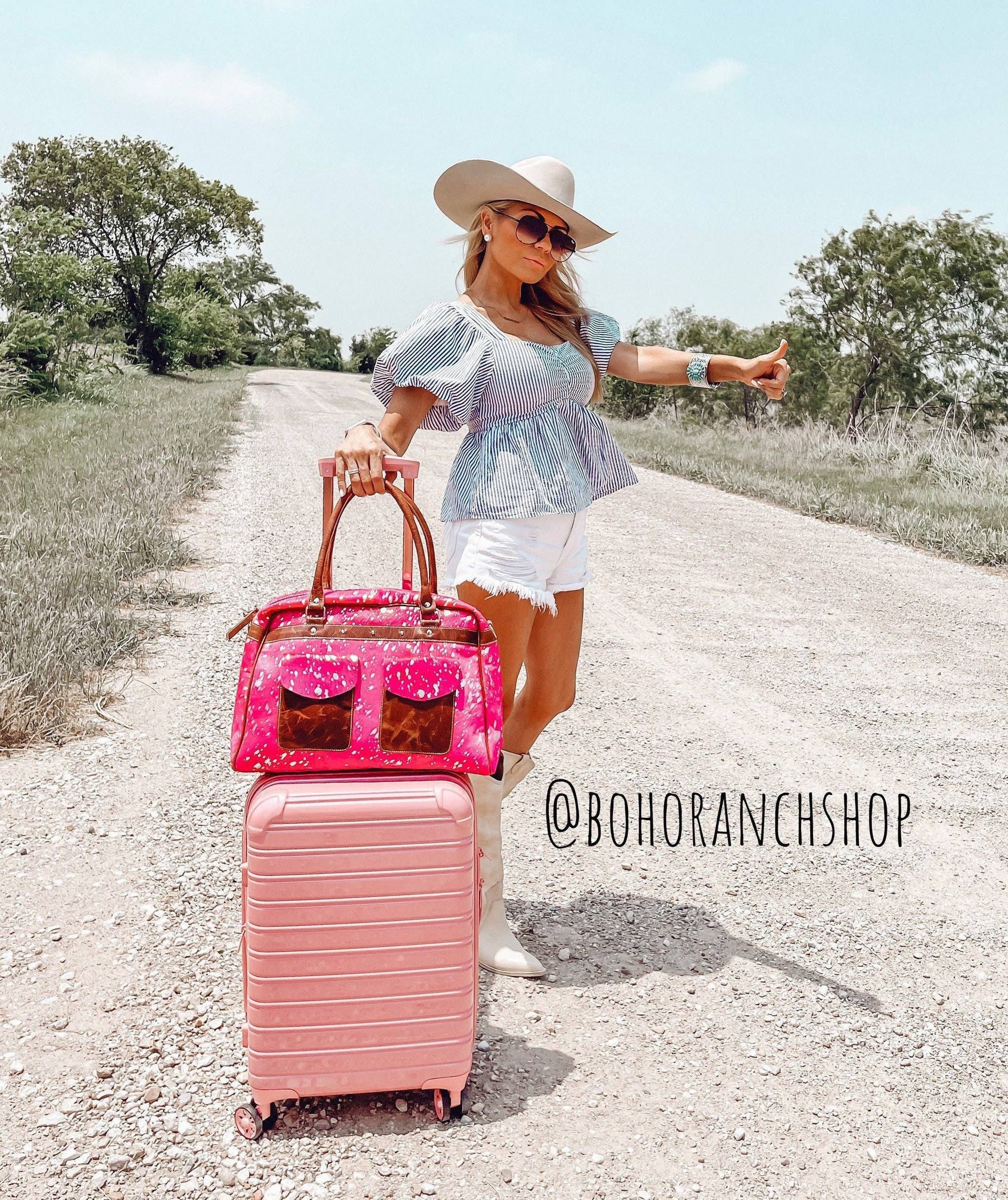 Weekender Duffle Leather Hair On Cowhide Duffel Travel Bag: Tan + White Cowhide