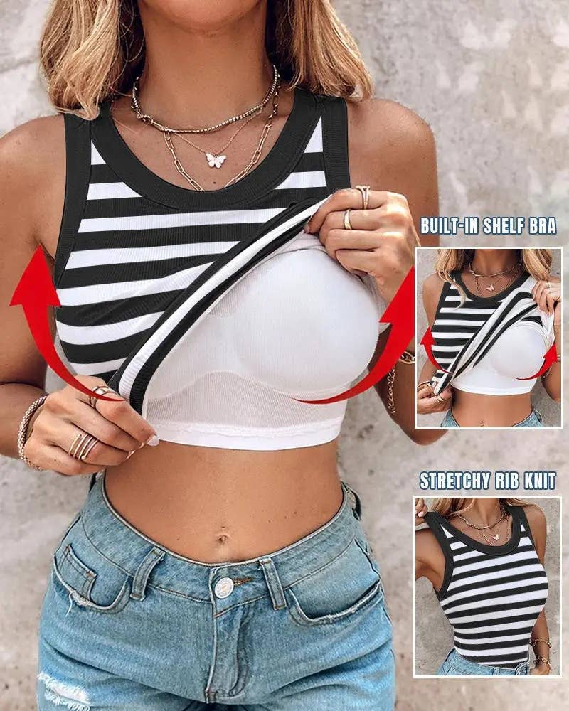 Basic ribbed cami striped tank top built-in bra: Green / L